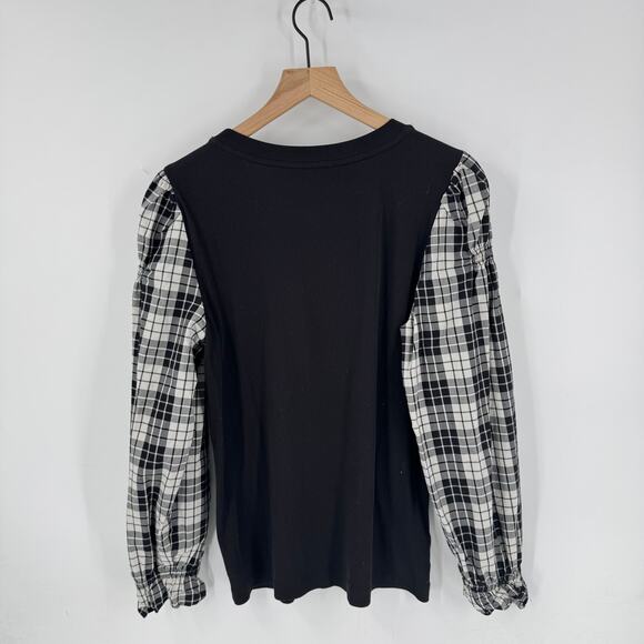LOFT Black Ribbed Knit Top with Plaid Puff Sleeves Women’s Long Sleeve Shirt L - Picture 2 of 7